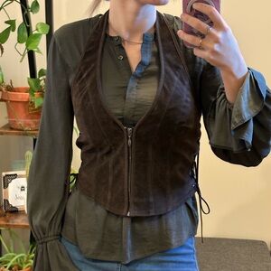 Brown Faux Suede Leather Zip-Up Halter Vest